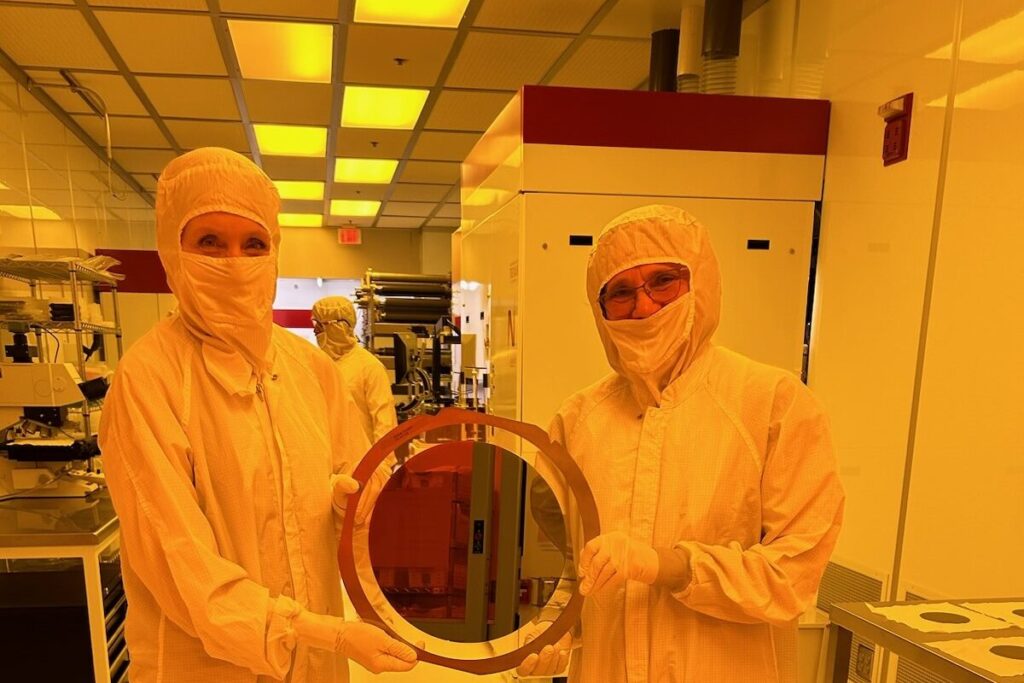 New executive board members Jeannie Leavitt (left) and Sharon Wood (right) in the Texas Institute for Electronics cleanroom.