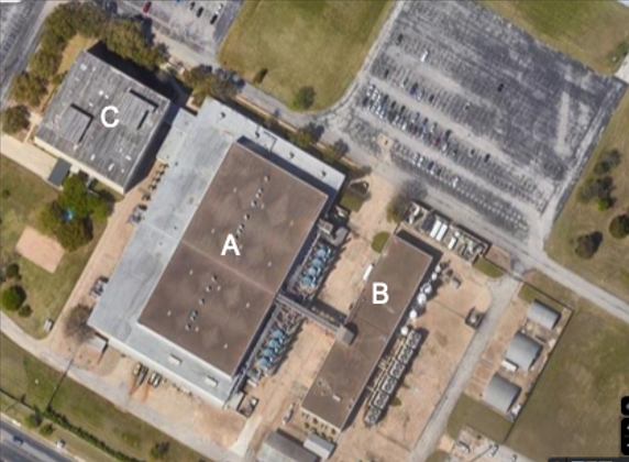 Satellite view of site of TNC-Montopolis: (A) houses the fabrication facility consisting of ~66k sq ft of cleanrooms, ~15k sq ft of light labs and ~60k sq ft of office space, (B) depicts the 28k sq ft Central Utility Building, and (C) denotes an office tower with ~150k sq ft of office space. This site sits on a 94-acre campus.